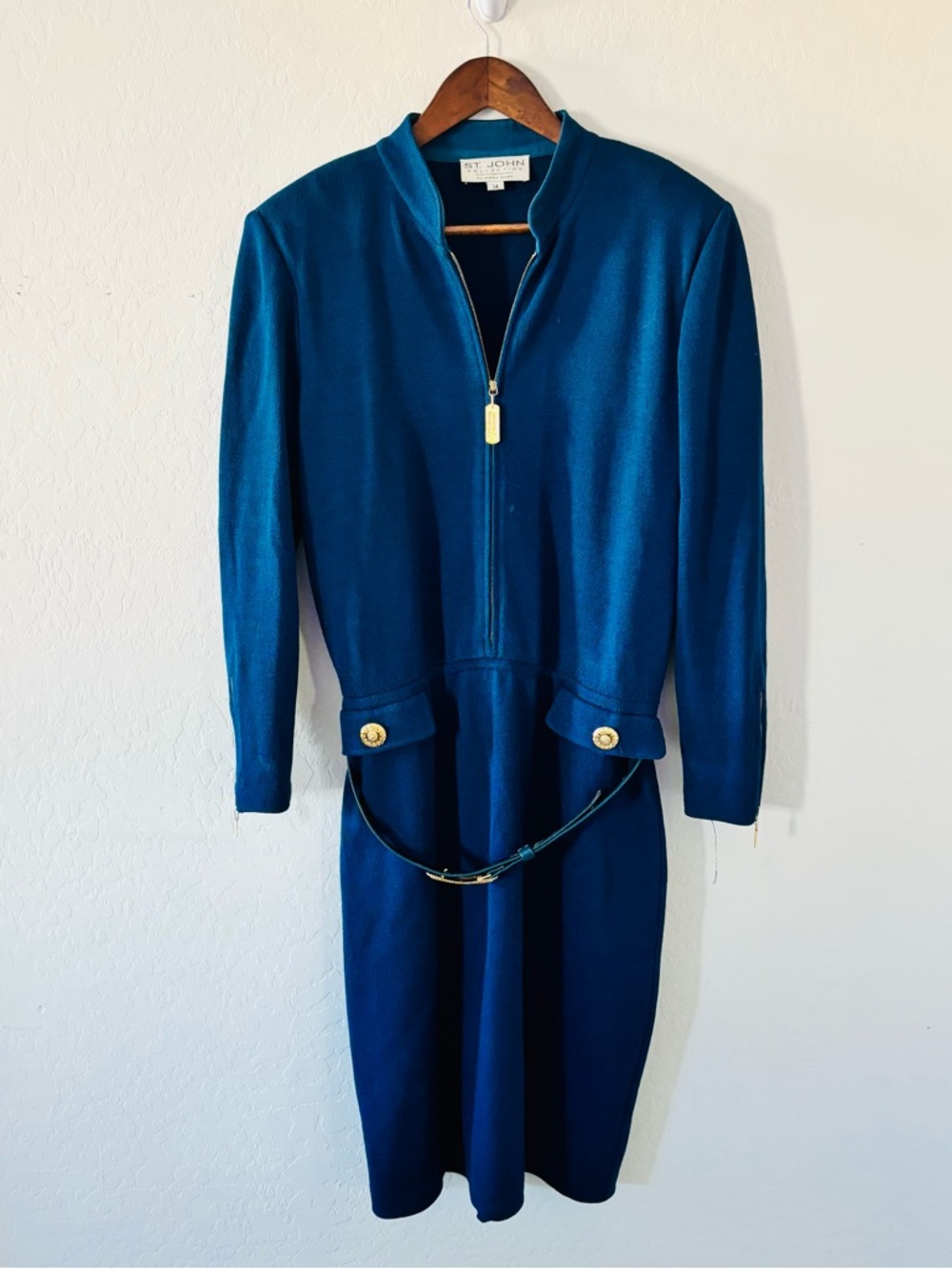 St. John Collection. Teal-Blue Long Sleeve Knit Zip Dress with Gold Buttons 14
